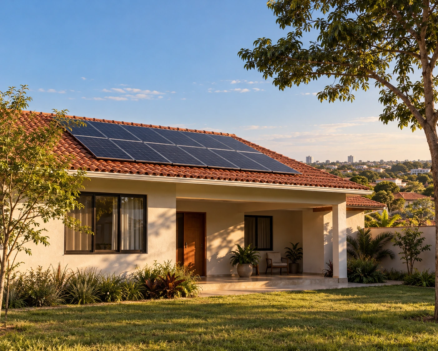 Perspectiva ilustrativa regional de uma residência com energia solar, inspirada em Cuiabá · Mato Grosso